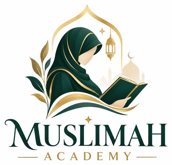 Muslimah Academy logo — a woman in hijab reading the Qur'an beneath a golden arch